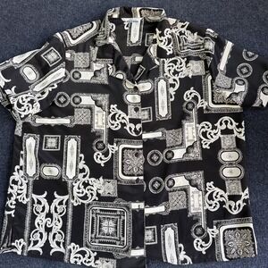 Vintage Attitudes Woman Button Up Shirt Womens 3X Black Geometric Satin Top